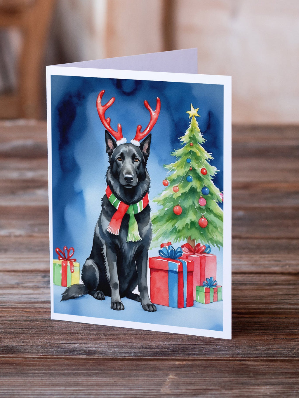 Belgian Sheepdog Christmas Reindeer Greeting Cards Pack of 8 Blank Cards with Envelopes Whimsical A7 Size 5x7