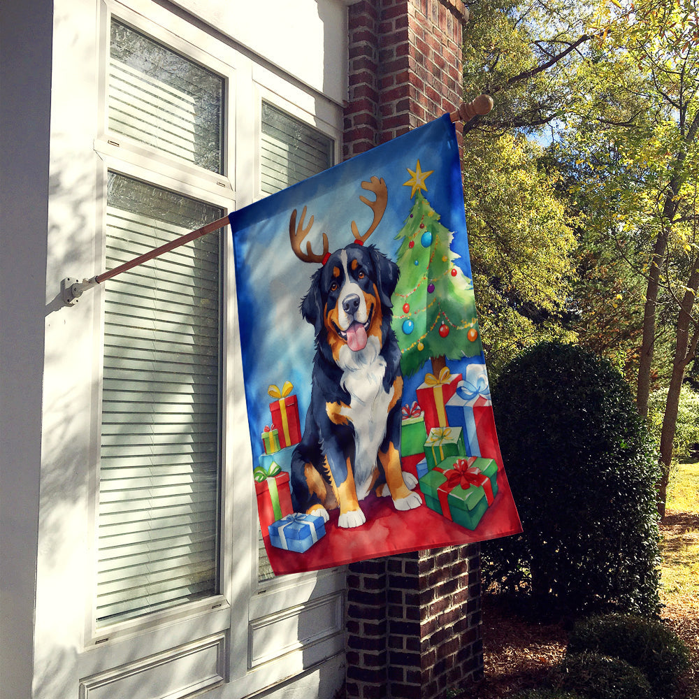 Bernese Mountain Dog Christmas Reindeer House Flag 28x40 Porch Sleeve Pole Decorative Outside Yard Banner Artwork Wall Hanging, Polyester