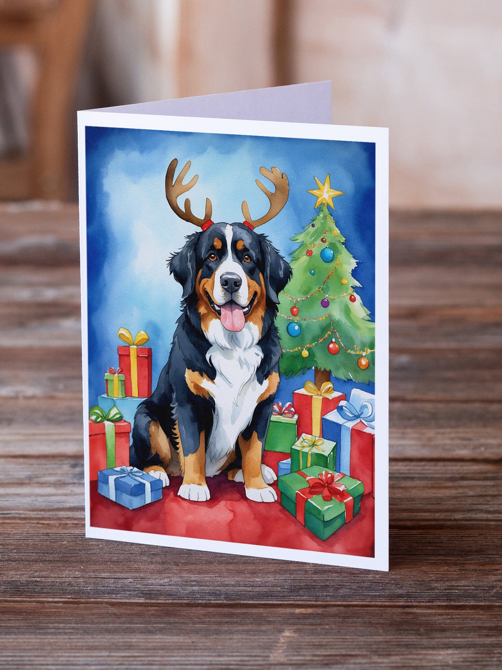 Bernese Mountain Dog Christmas Reindeer Greeting Cards Pack of 8 Blank Cards with Envelopes Whimsical A7 Size 5x7