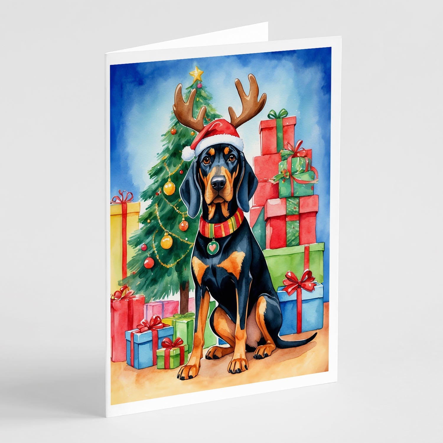 Black and Tan Coonhound Christmas Reindeer Greeting Cards Pack of 8 Blank Cards with Envelopes Whimsical A7 Size 5x7