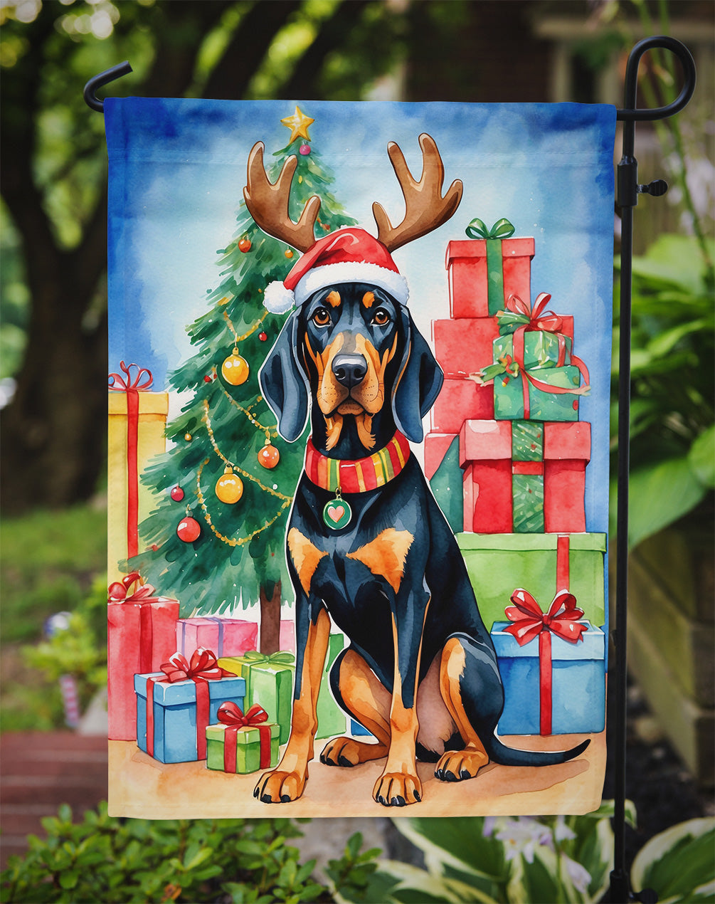 Black and Tan Coonhound Christmas Reindeer Garden Flag Mailbox Decorative Yard Banner Outside Patio Artwork for Flower Beds, Garden Size, Multicolor