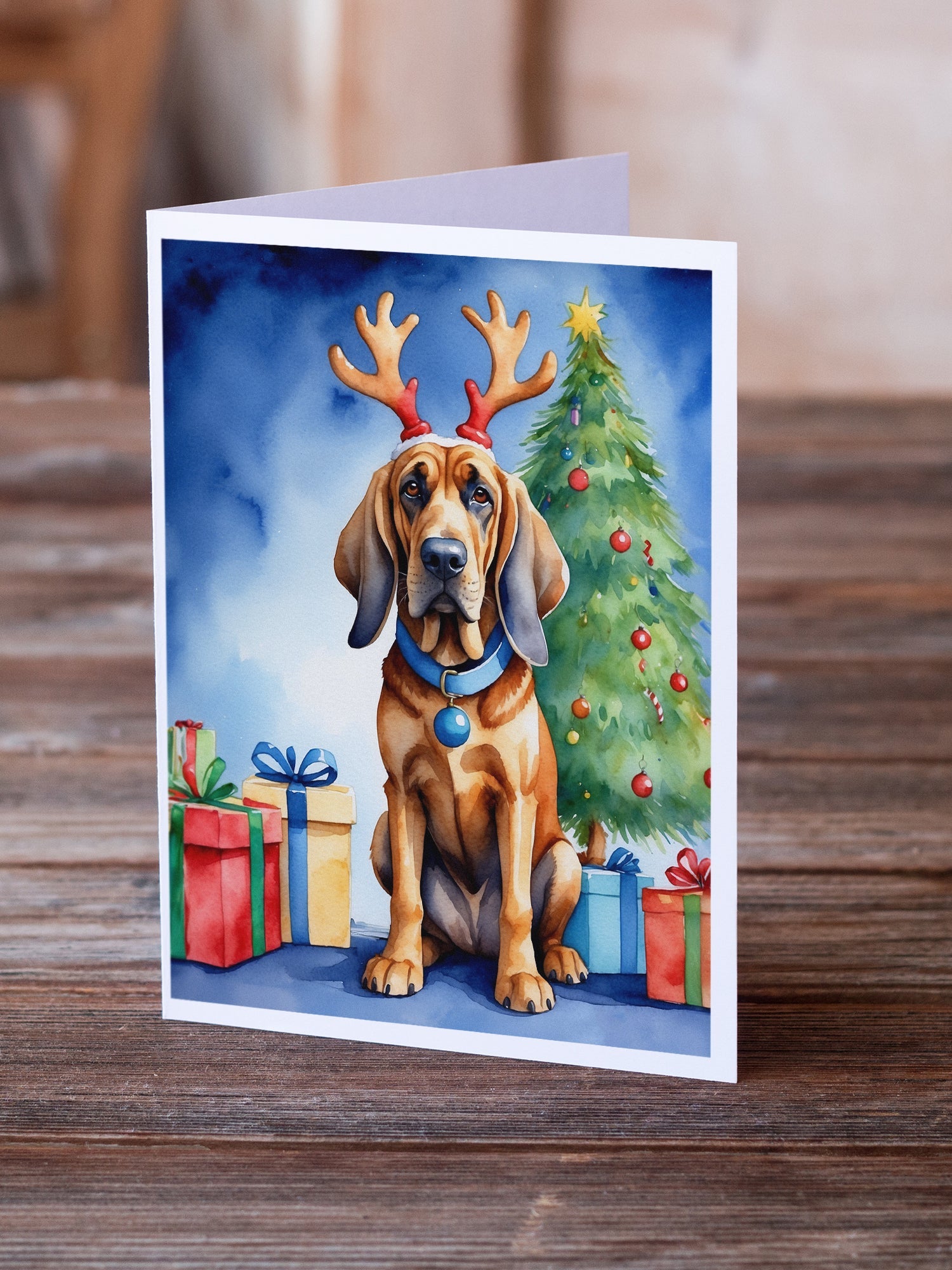 Bloodhound Christmas Reindeer Greeting Cards Pack of 8 Blank Cards with Envelopes Whimsical A7 Size 5x7