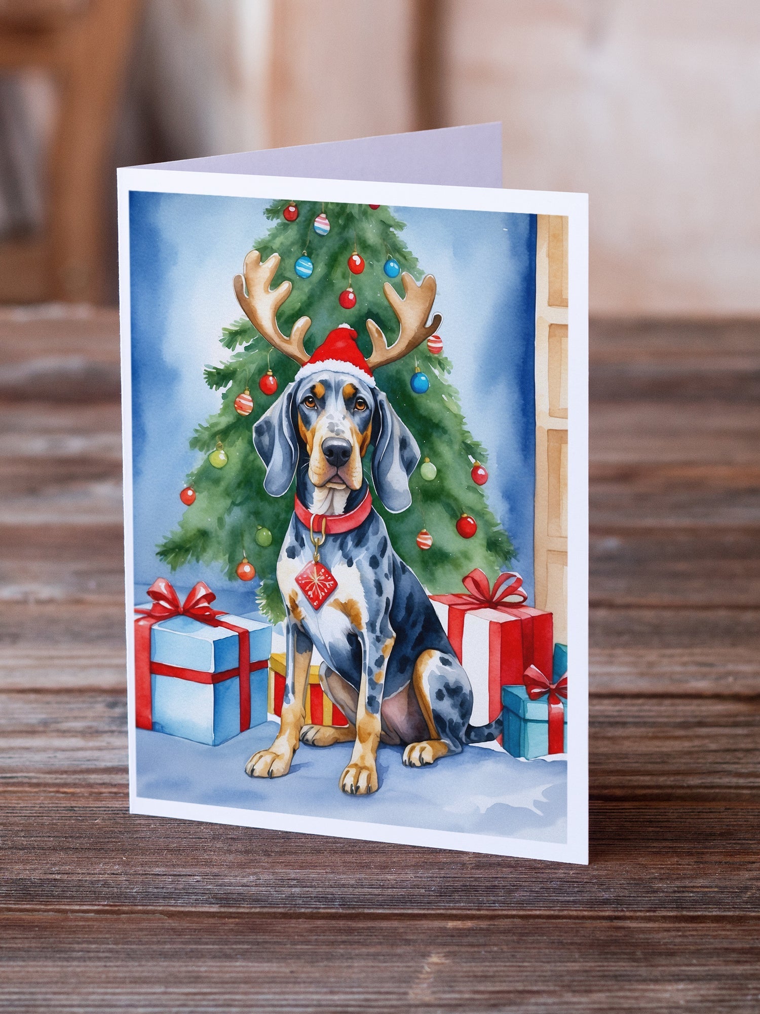 Bluetick Coonhound Christmas Reindeer Greeting Cards Pack of 8 Blank Cards with Envelopes Whimsical A7 Size 5x7
