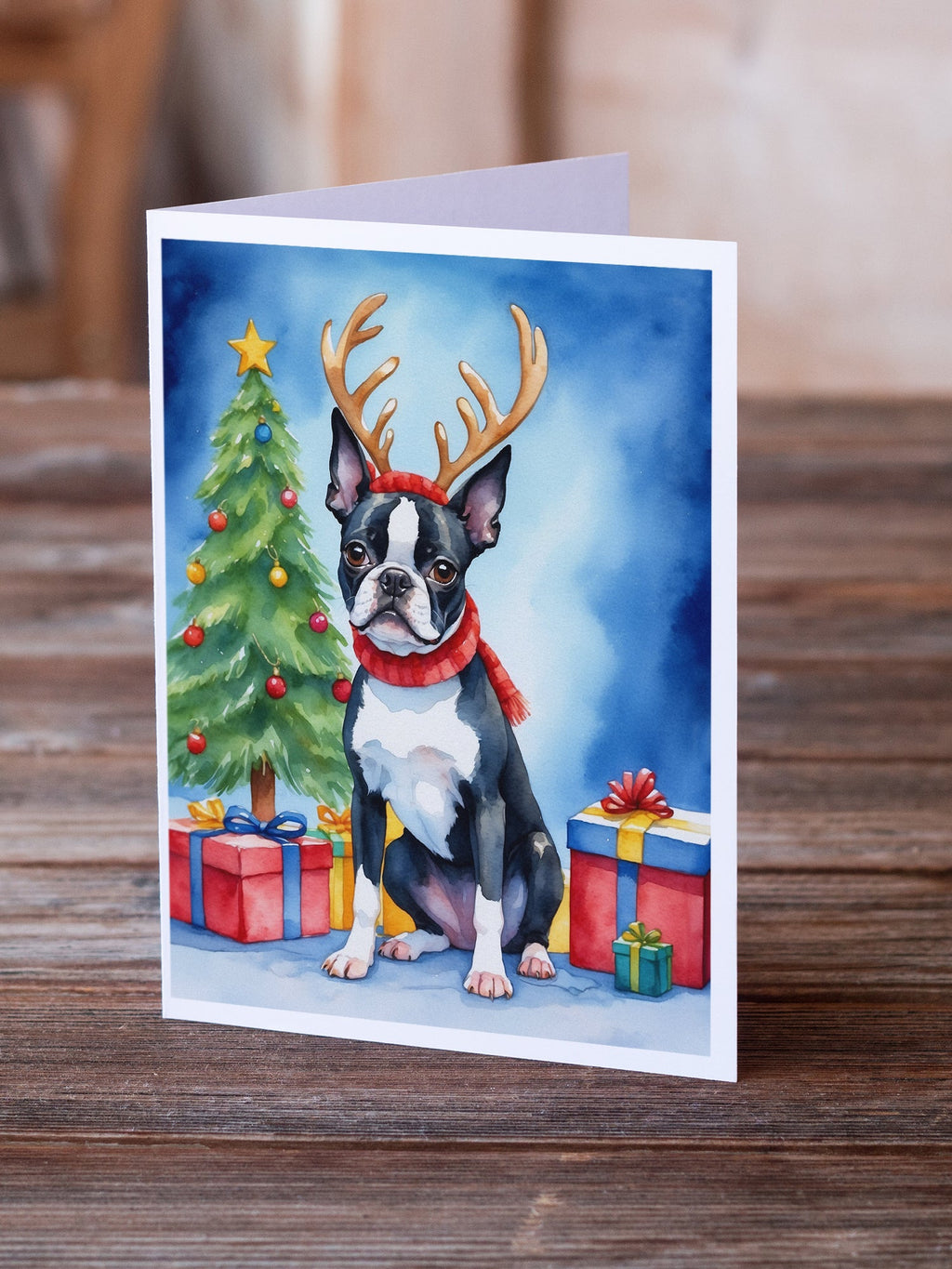 Boston Terrier Christmas Reindeer Greeting Cards Pack of 8 Blank Cards with Envelopes Whimsical A7 Size 5x7