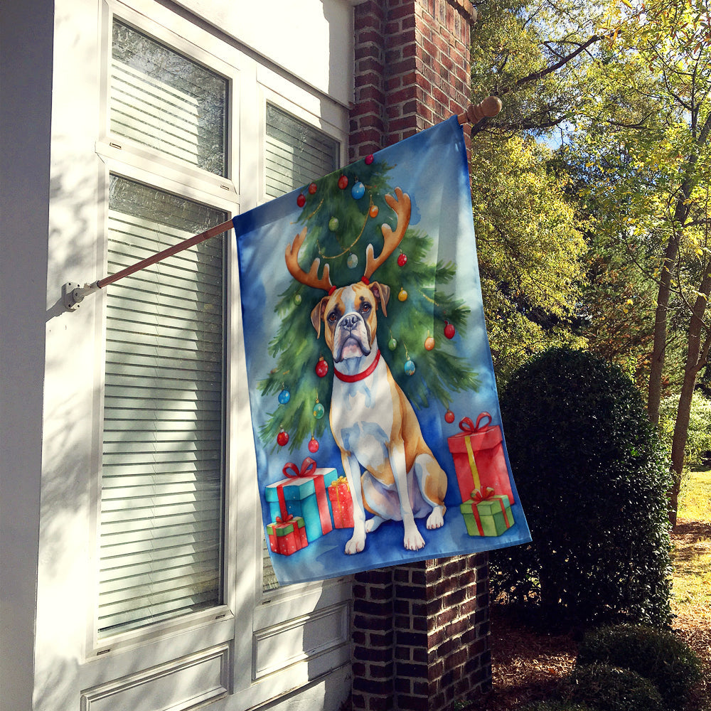 White Boxer Christmas Reindeer House Flag 28x40 Porch Sleeve Pole Decorative Outside Yard Banner Artwork Wall Hanging, Polyester