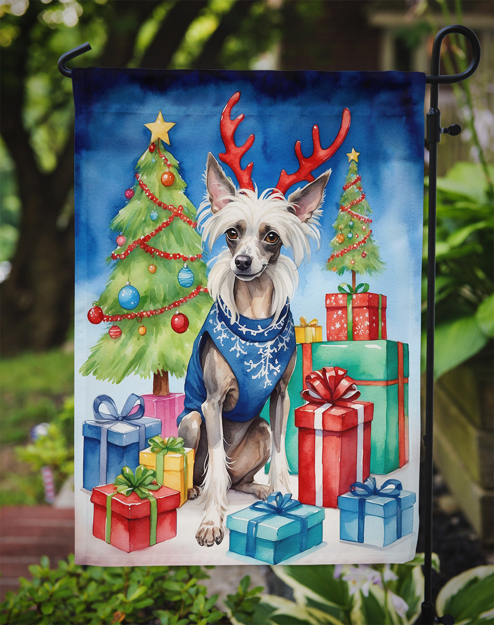 Chinese Crested Christmas Reindeer Garden Flag Mailbox Decorative Yard Banner Outside Patio Artwork for Flower Beds, Garden Size, Multicolor