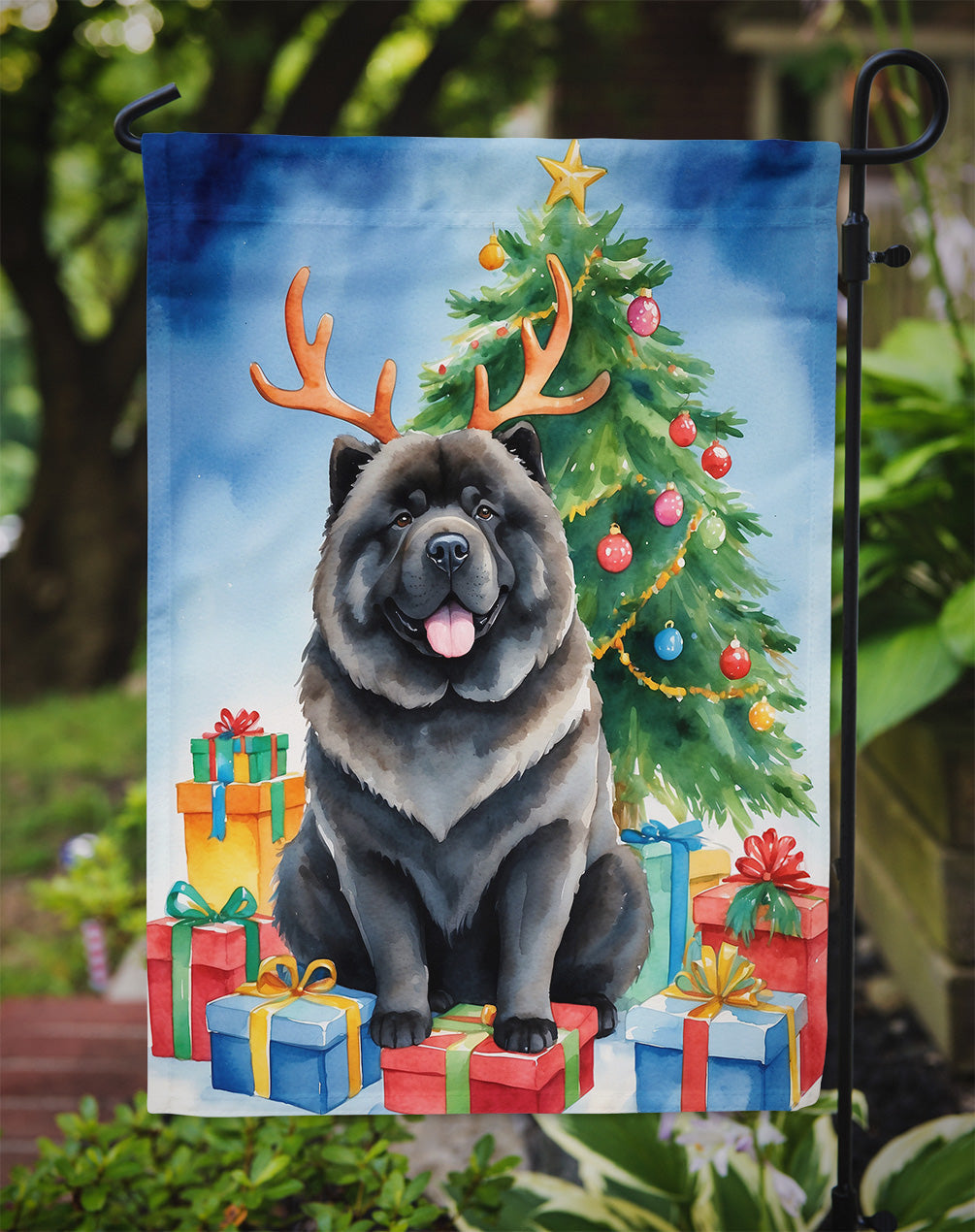 Black Chow Chow Christmas Reindeer Garden Flag Mailbox Decorative Yard Banner Outside Patio Artwork for Flower Beds, Garden Size, Multicolor