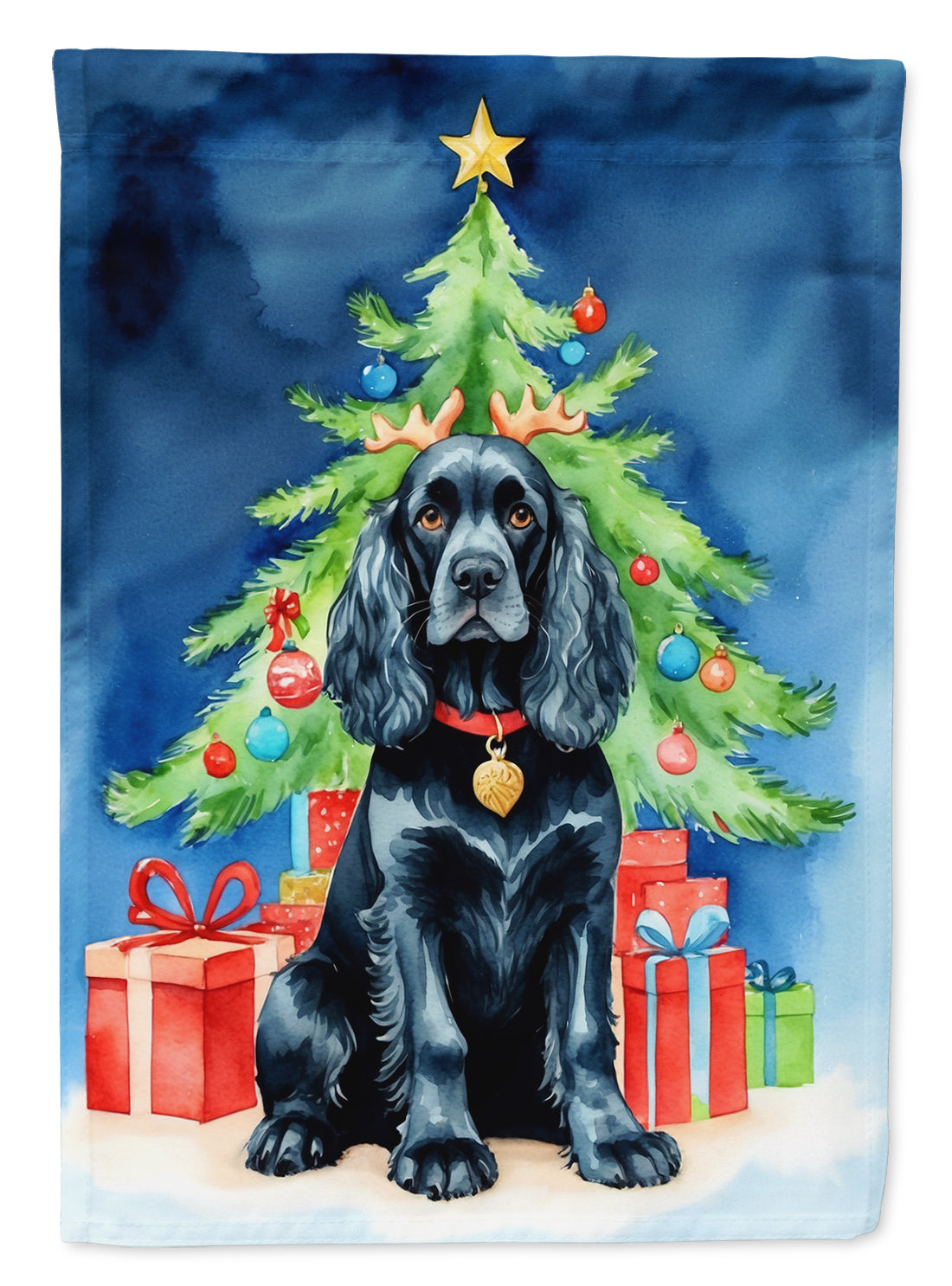 Black Cocker Spaniel Christmas Reindeer House Flag 28x40 Porch Sleeve Pole Decorative Outside Yard Banner Artwork Wall Hanging, Polyester