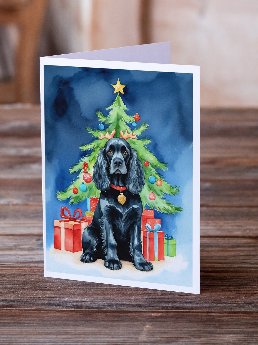 Black Cocker Spaniel Christmas Reindeer Greeting Cards Pack of 8 Blank Cards with Envelopes Whimsical A7 Size 5x7
