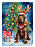 Chocolate Cocker Spaniel Christmas Reindeer House Flag 28x40 Porch Sleeve Pole Decorative Outside Yard Banner Artwork Wall Hanging, Polyester