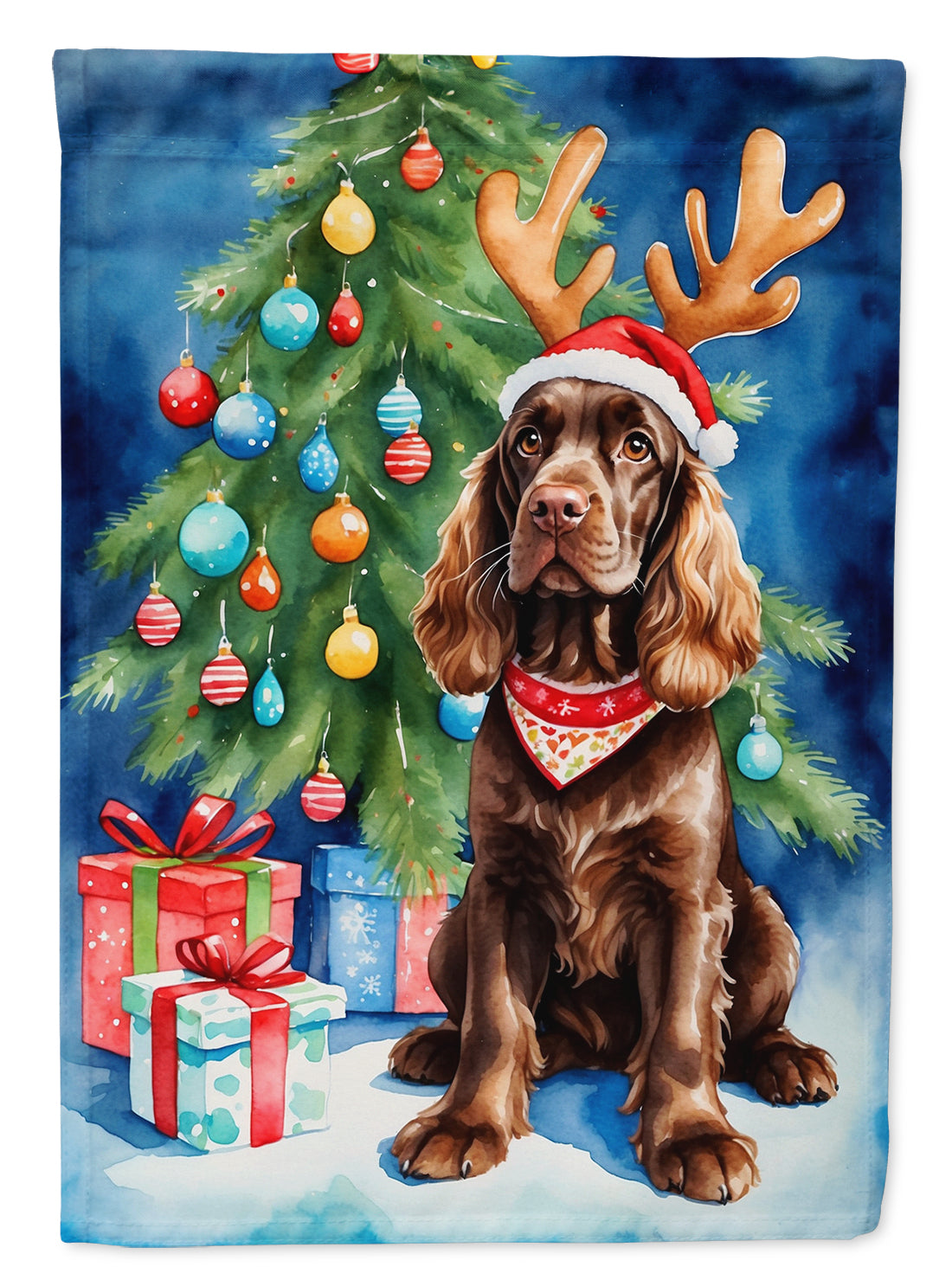 Chocolate Cocker Spaniel Christmas Reindeer House Flag 28x40 Porch Sleeve Pole Decorative Outside Yard Banner Artwork Wall Hanging, Polyester