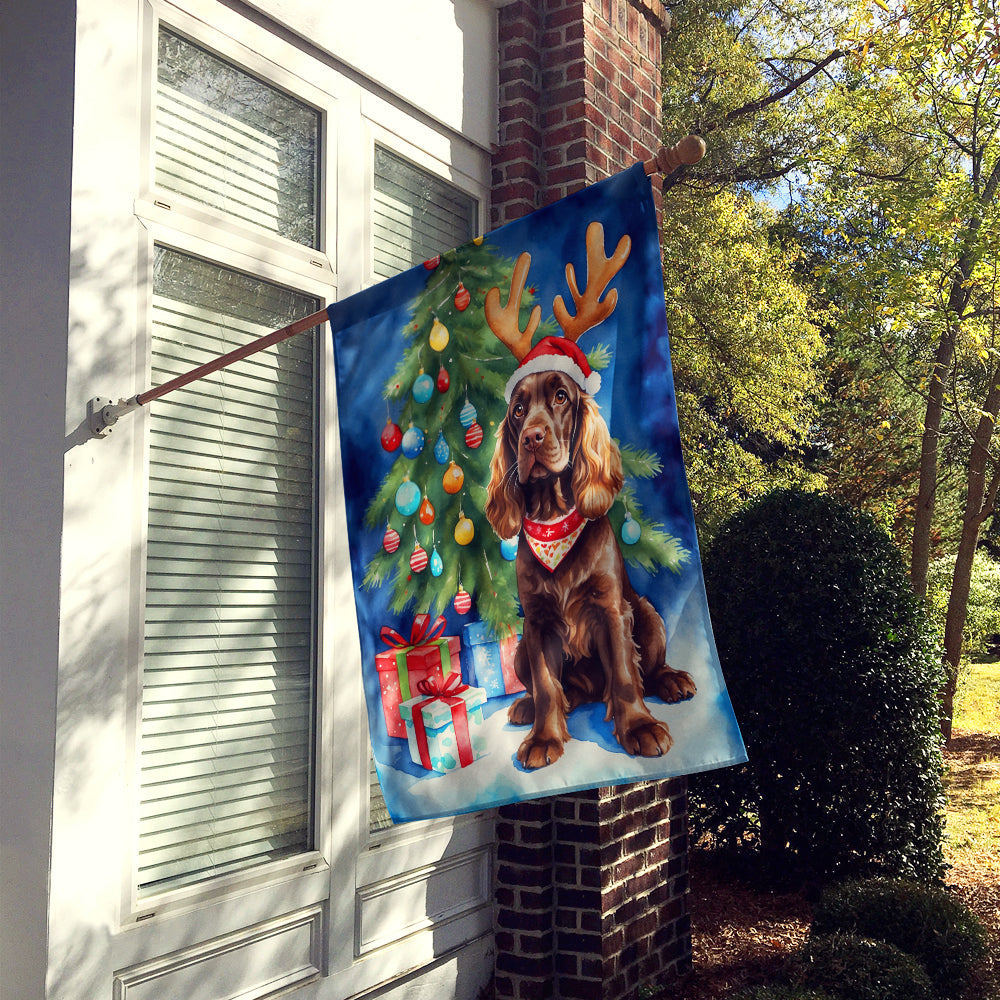 Chocolate Cocker Spaniel Christmas Reindeer House Flag 28x40 Porch Sleeve Pole Decorative Outside Yard Banner Artwork Wall Hanging, Polyester