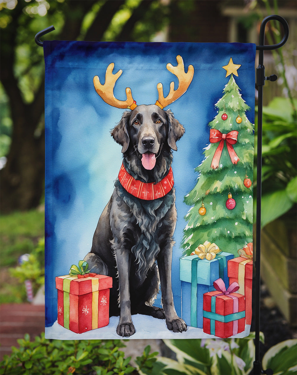 Curly-Coated Retriever Christmas Reindeer Garden Flag Mailbox Decorative Yard Banner Outside Patio Artwork for Flower Beds, Garden Size, Multicolor