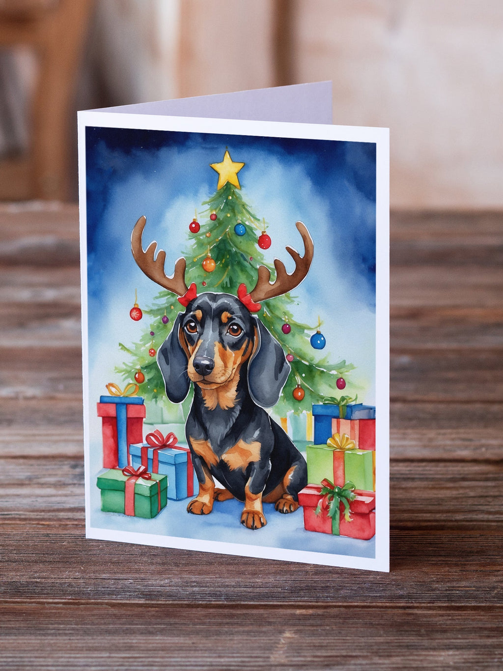 Black and Tan Dachshund Christmas Reindeer Greeting Cards Pack of 8 Blank Cards with Envelopes Whimsical A7 Size 5x7
