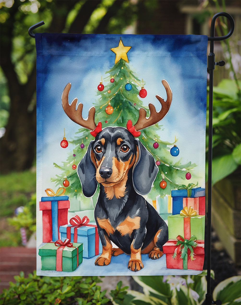 Black and Tan Dachshund Christmas Reindeer Garden Flag Mailbox Decorative Yard Banner Outside Patio Artwork for Flower Beds, Garden Size, Multicolor