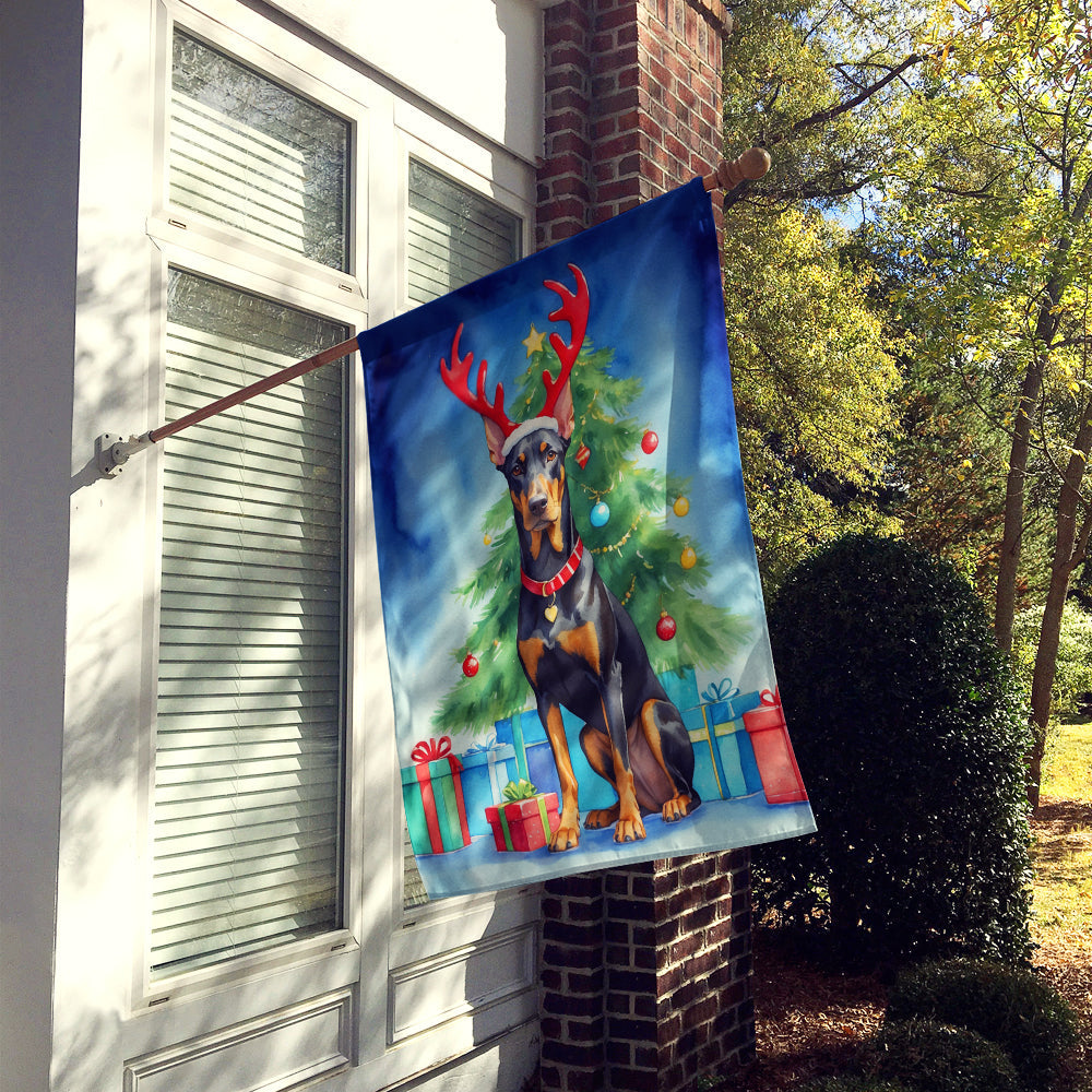 Doberman Pinscher Christmas Reindeer House Flag 28x40 Porch Sleeve Pole Decorative Outside Yard Banner Artwork Wall Hanging, Polyester