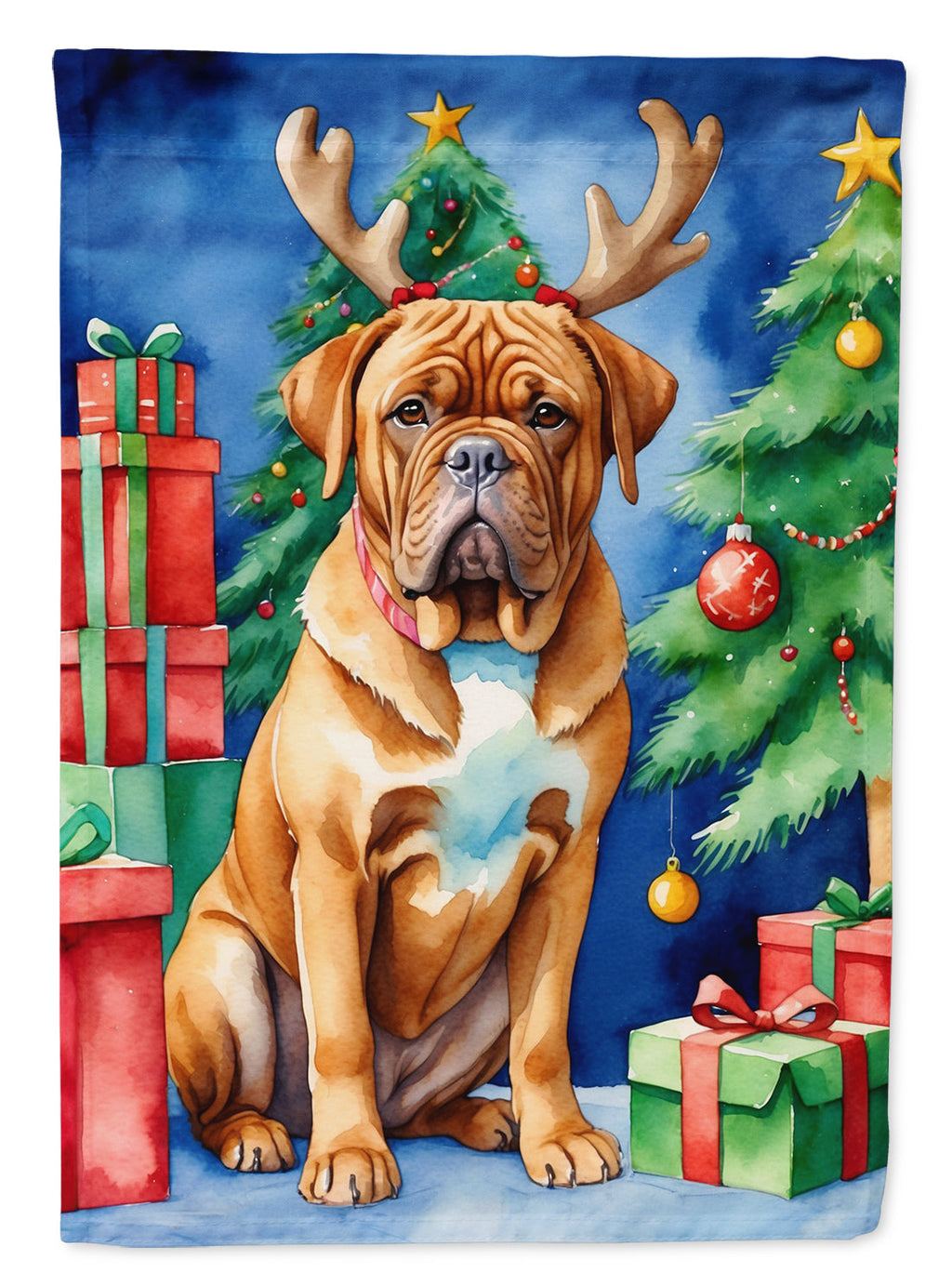 Dogue de Bordeaux Christmas Reindeer House Flag 28x40 Porch Sleeve Pole Decorative Outside Yard Banner Artwork Wall Hanging, Polyester