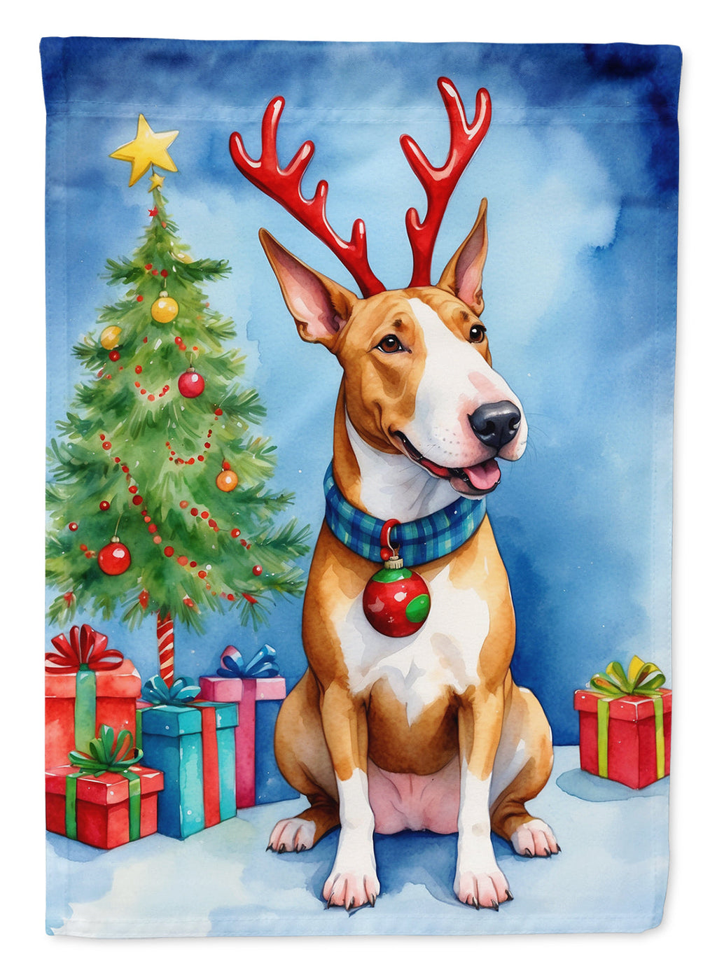 Bull Terrier Christmas Reindeer House Flag 28x40 Porch Sleeve Pole Decorative Outside Yard Banner Artwork Wall Hanging, Polyester