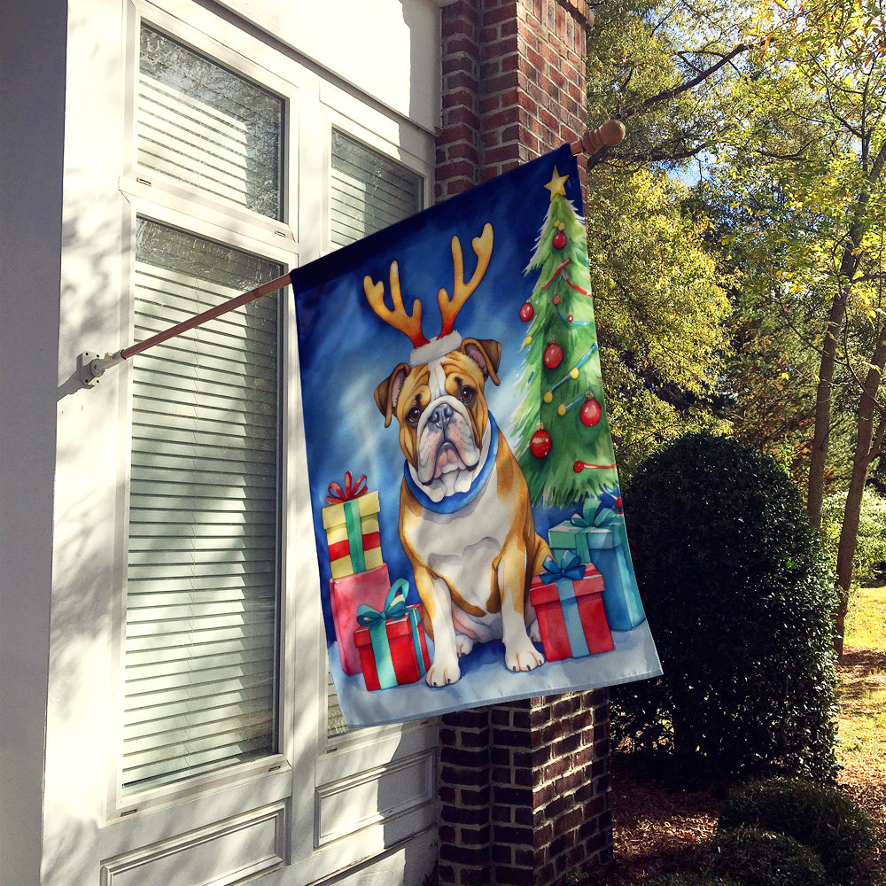 English Bulldog Christmas Reindeer House Flag 28x40 Porch Sleeve Pole Decorative Outside Yard Banner Artwork Wall Hanging, Polyester