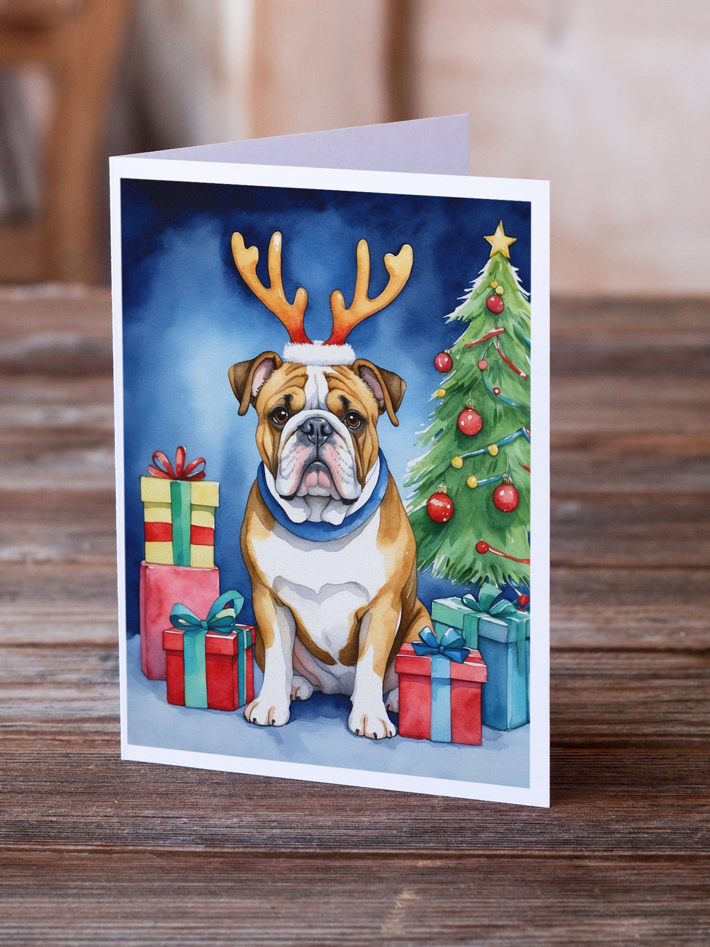 English Bulldog Christmas Reindeer Greeting Cards Pack of 8 Blank Cards with Envelopes Whimsical A7 Size 5x7