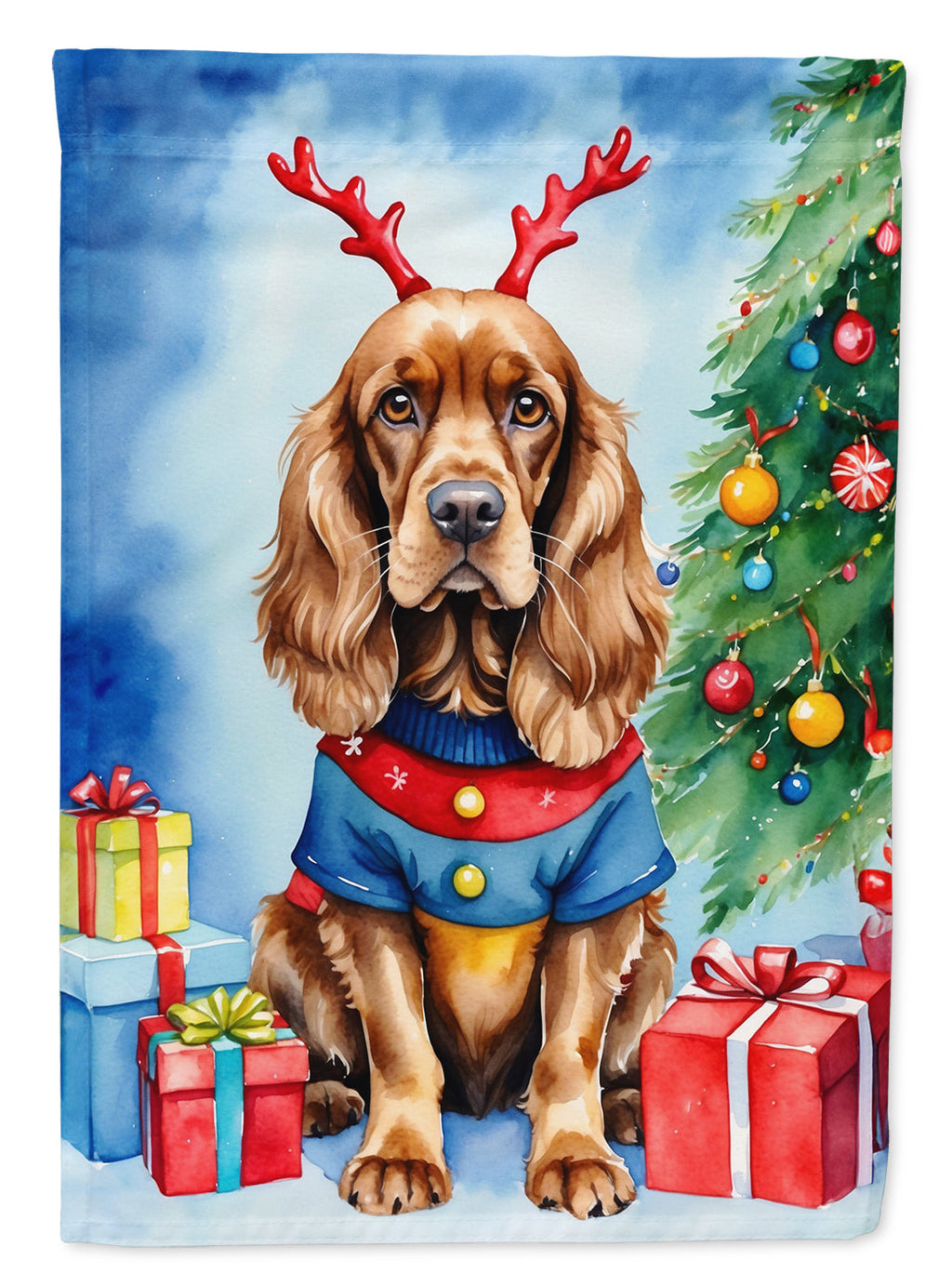 English Cocker Spaniel Christmas Reindeer House Flag 28x40 Porch Sleeve Pole Decorative Outside Yard Banner Artwork Wall Hanging, Polyester