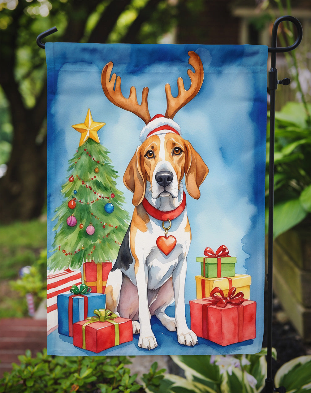 English Foxhound Christmas Reindeer Garden Flag Mailbox Decorative Yard Banner Outside Patio Artwork for Flower Beds, Garden Size, Multicolor