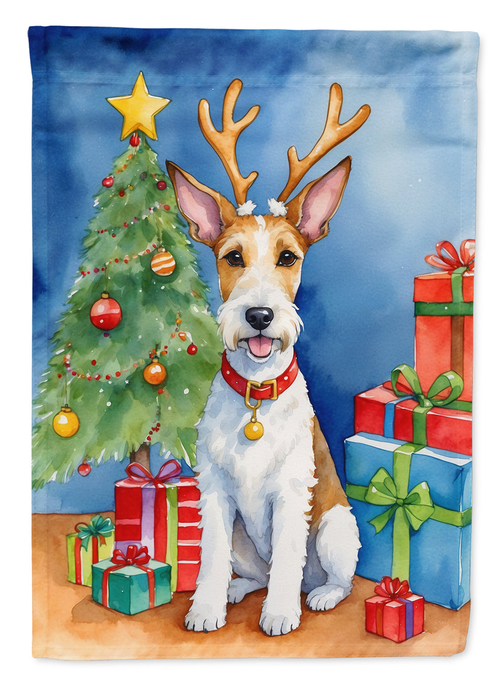 Fox Terrier Christmas Reindeer House Flag 28x40 Porch Sleeve Pole Decorative Outside Yard Banner Artwork Wall Hanging, Polyester