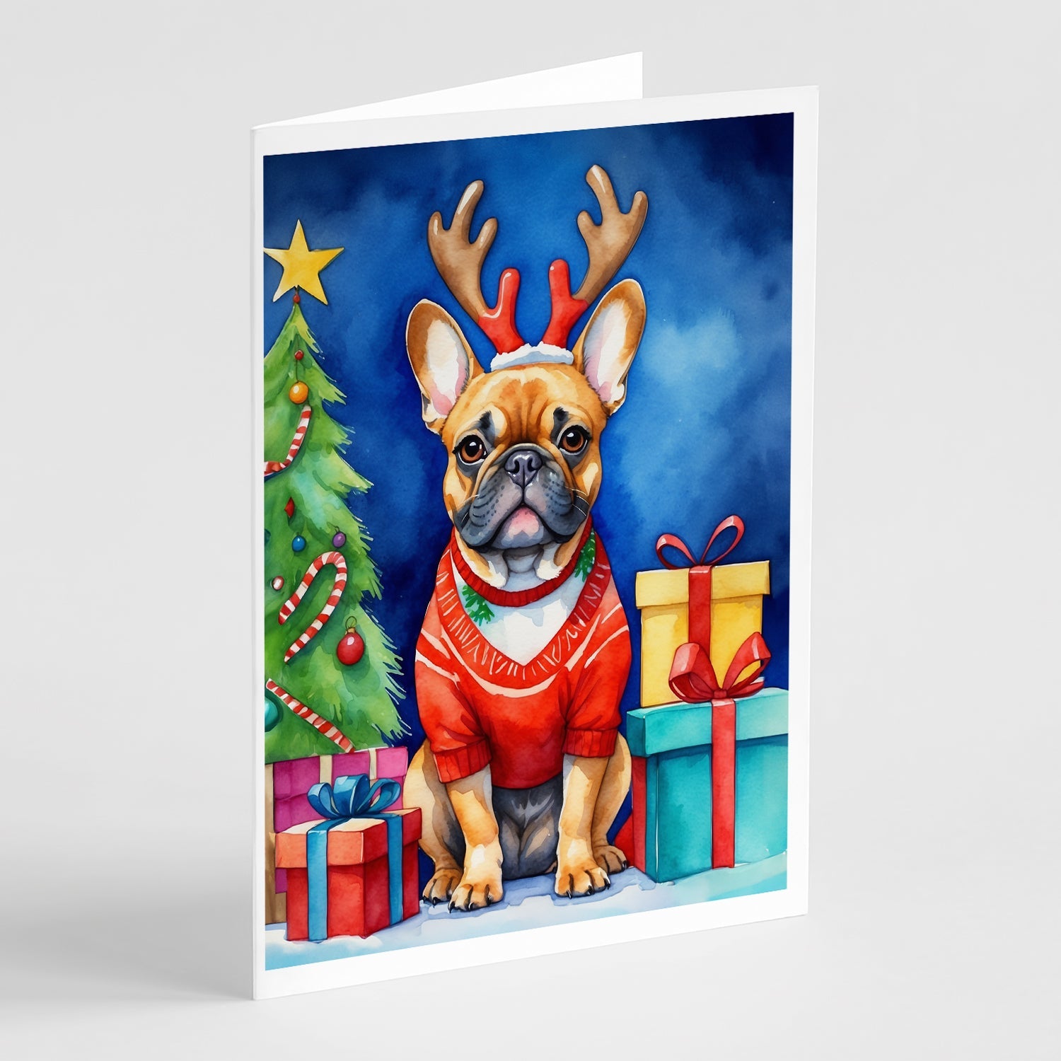 French Bulldog Christmas Reindeer Greeting Cards Pack of 8 Blank Cards with Envelopes Whimsical A7 Size 5x7