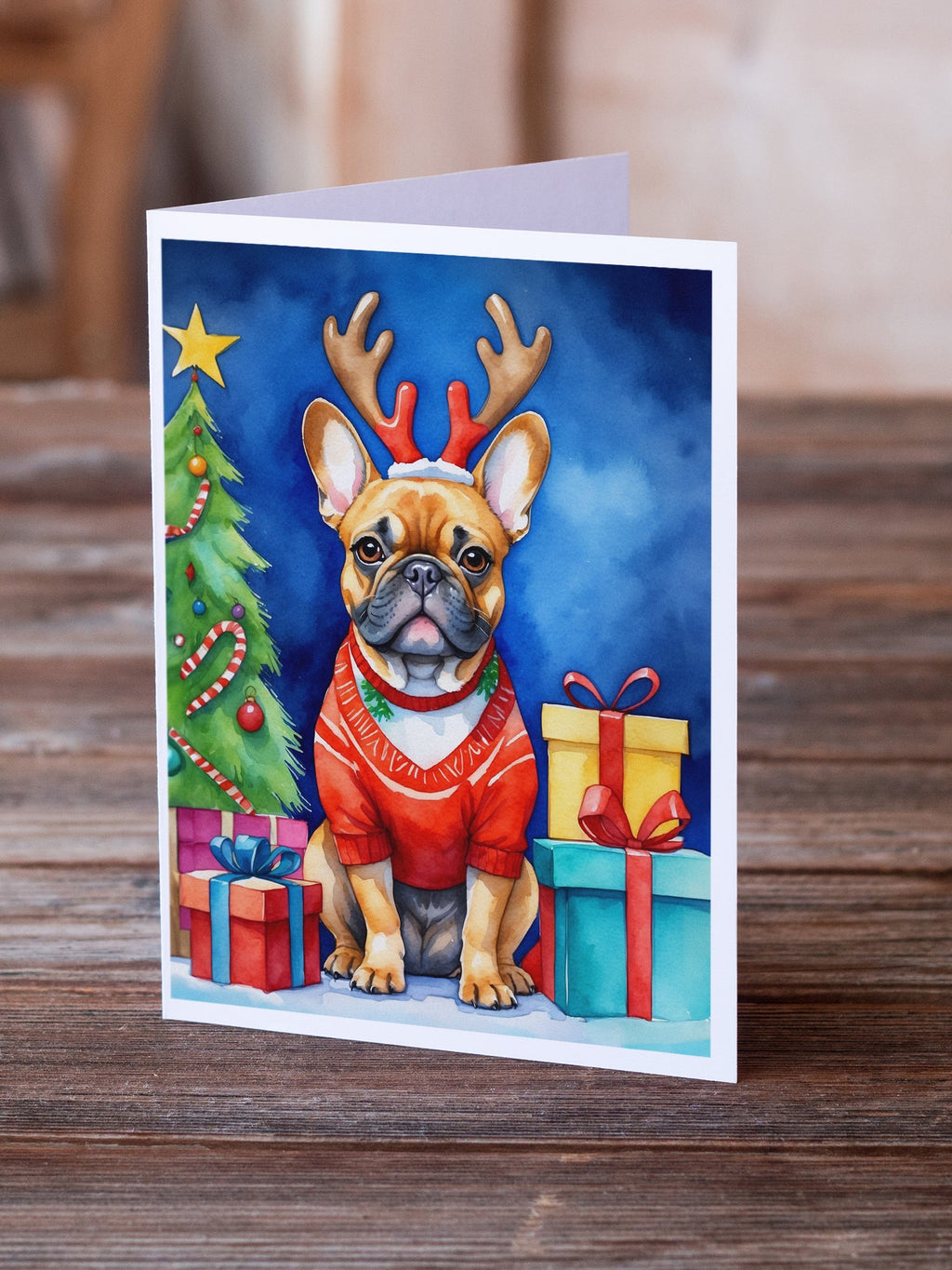 French Bulldog Christmas Reindeer Greeting Cards Pack of 8 Blank Cards with Envelopes Whimsical A7 Size 5x7