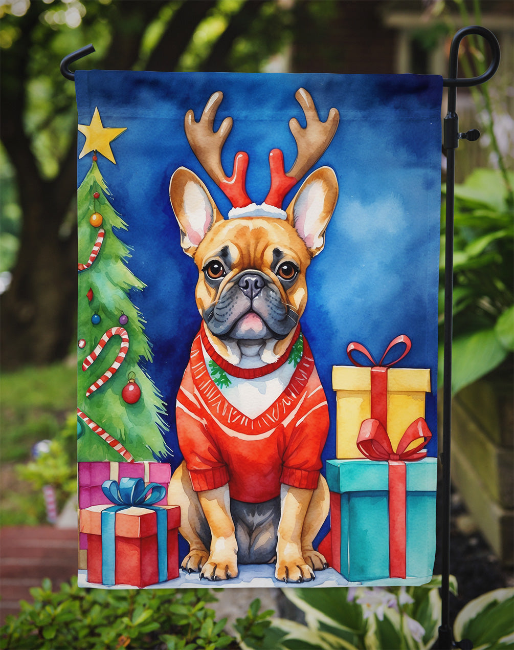 French Bulldog Christmas Reindeer Garden Flag Mailbox Decorative Yard Banner Outside Patio Artwork for Flower Beds, Garden Size, Multicolor