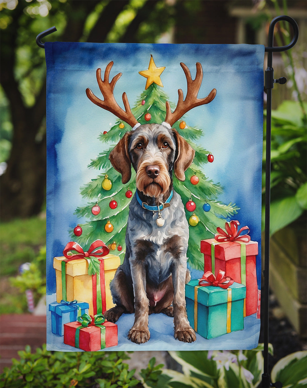 German Wirehaired Pointer Christmas Reindeer Garden Flag Mailbox Decorative Yard Banner Outside Patio Artwork for Flower Beds, Garden Size, Multicolor