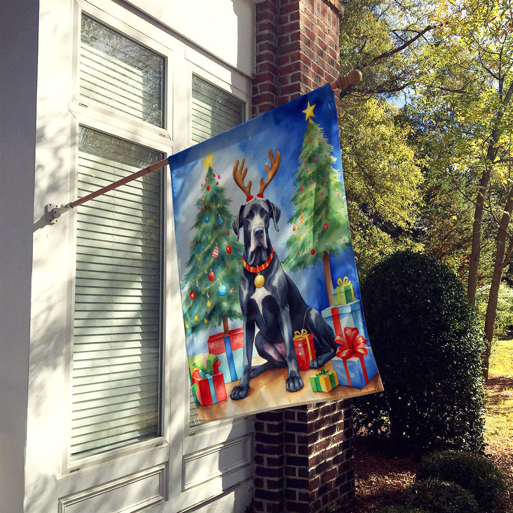 Black Great Dane Christmas Reindeer House Flag 28x40 Porch Sleeve Pole Decorative Outside Yard Banner Artwork Wall Hanging, Polyester