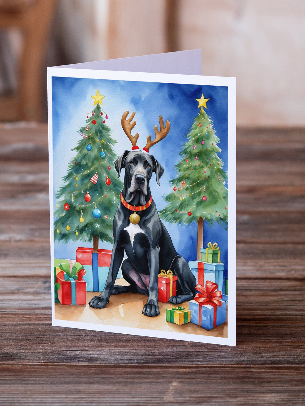 Black Great Dane Christmas Reindeer Greeting Cards Pack of 8 Blank Cards with Envelopes Whimsical A7 Size 5x7
