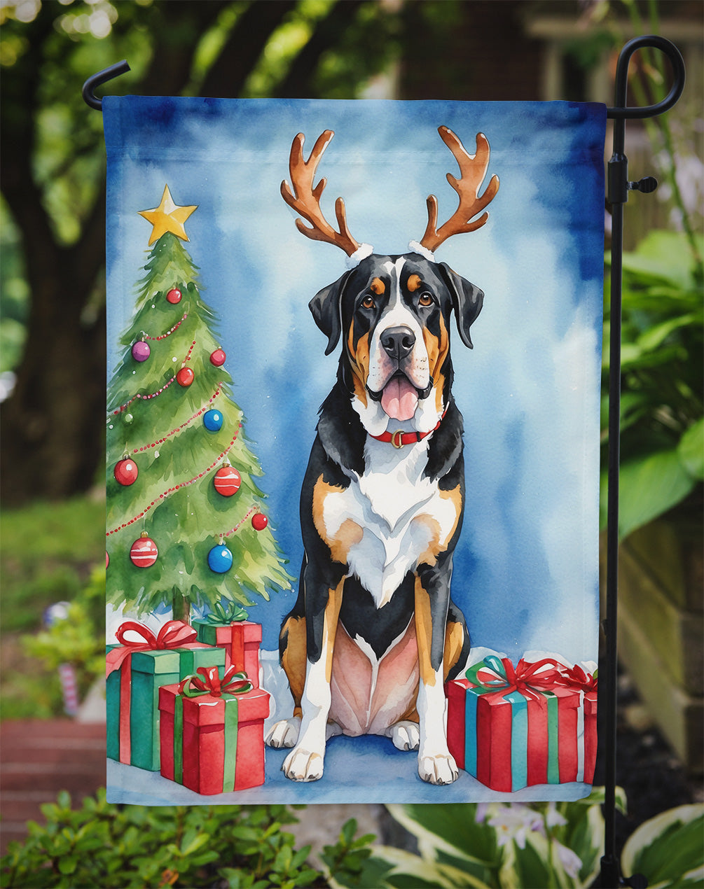 Greater Swiss Mountain Dog Christmas Reindeer Garden Flag Mailbox Decorative Yard Banner Outside Patio Artwork for Flower Beds, Garden Size, Multicolor