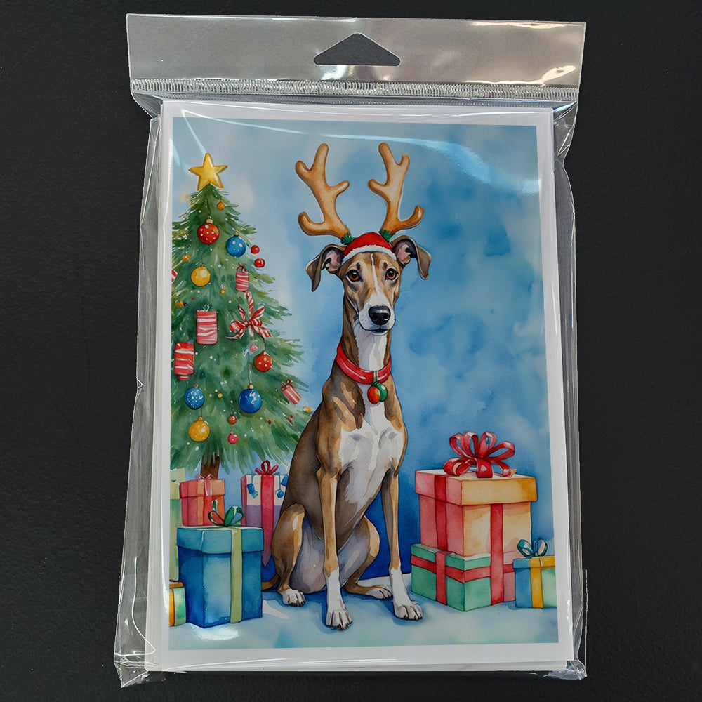 Brindle Greyhound Christmas Reindeer Greeting Cards Pack of 8 Blank Cards with Envelopes Whimsical A7 Size 5x7