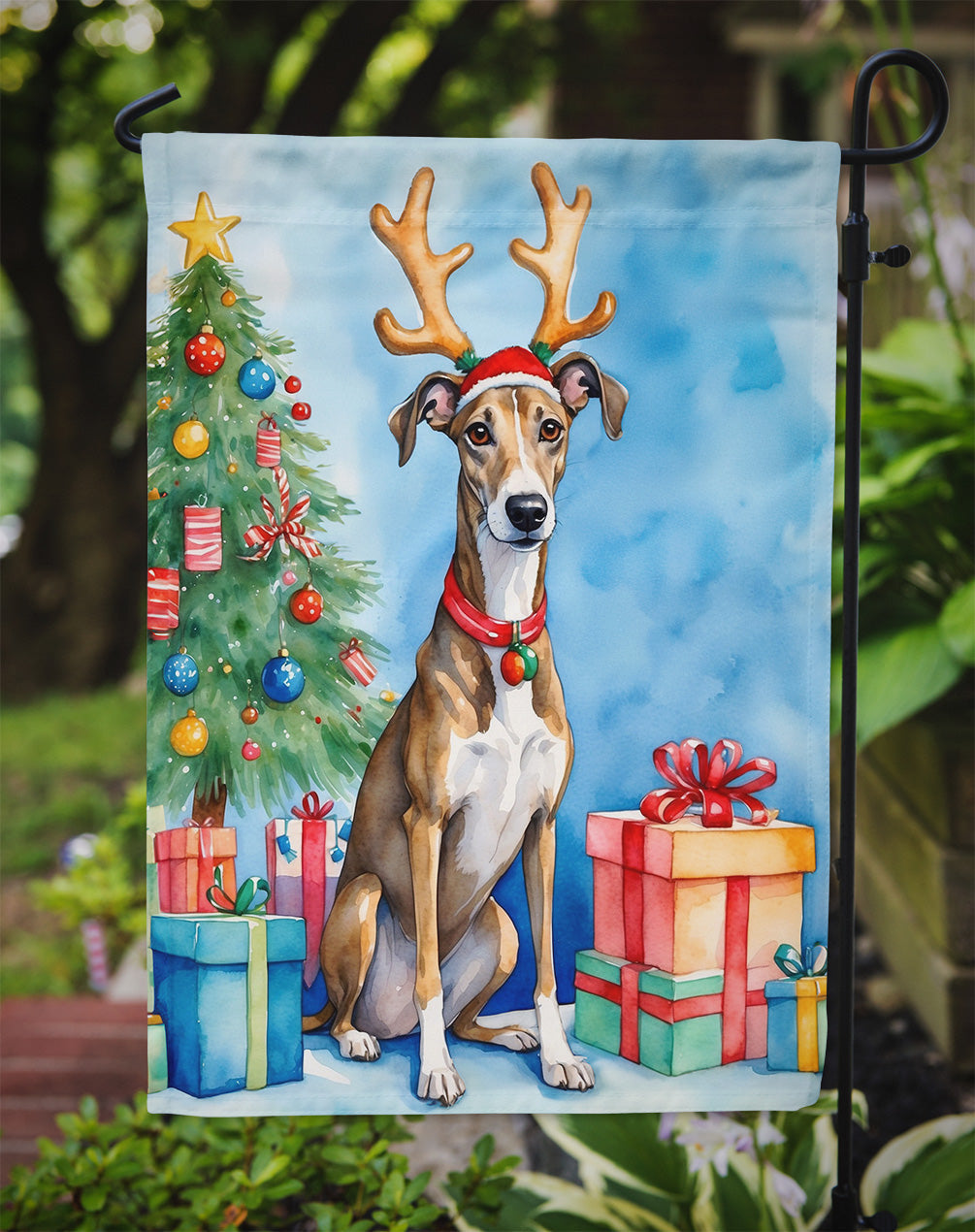 Brindle Greyhound Christmas Reindeer Garden Flag Mailbox Decorative Yard Banner Outside Patio Artwork for Flower Beds, Garden Size, Multicolor