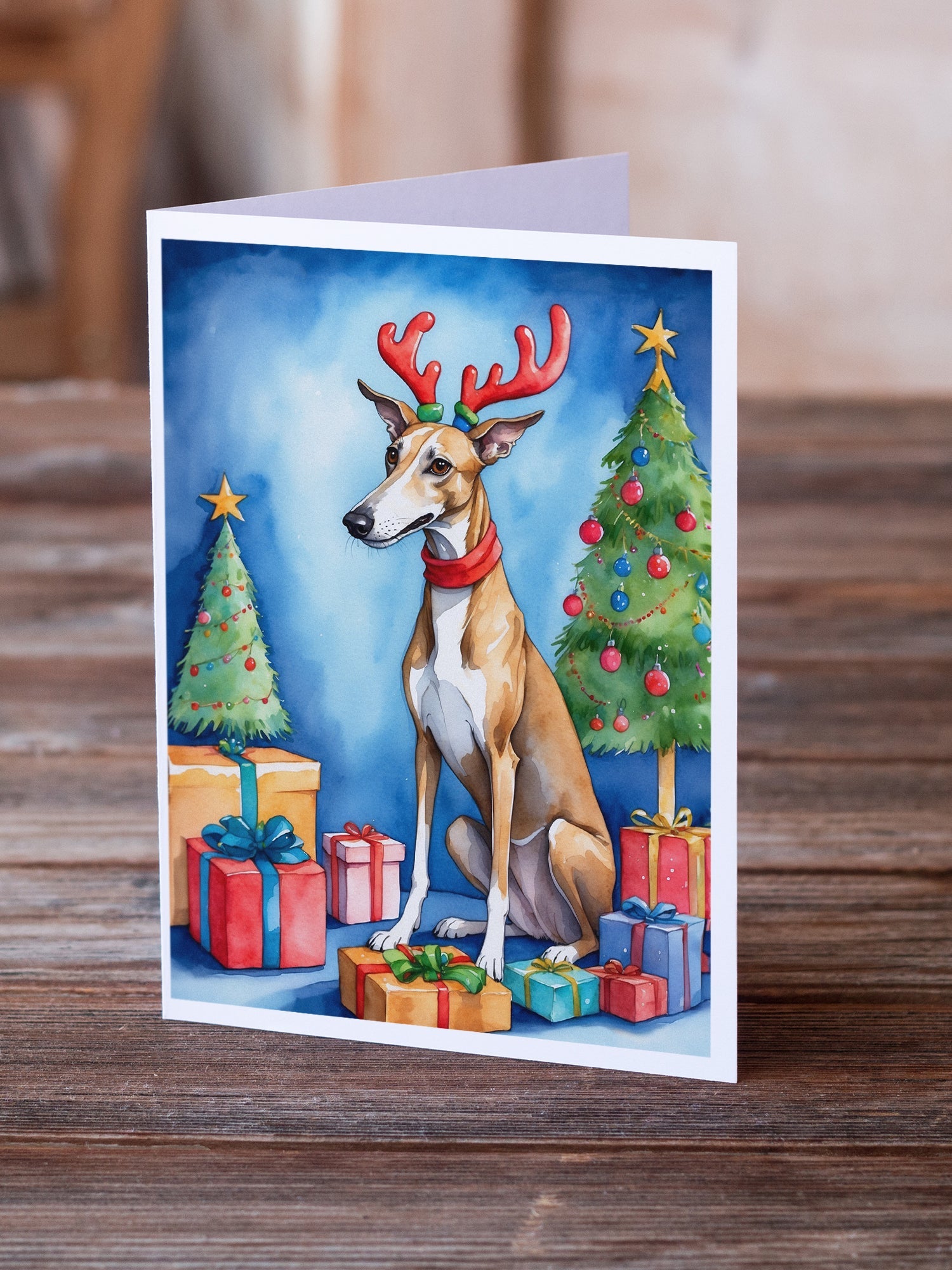 Greyhound Christmas Reindeer Greeting Cards Pack of 8 Blank Cards with Envelopes Whimsical A7 Size 5x7