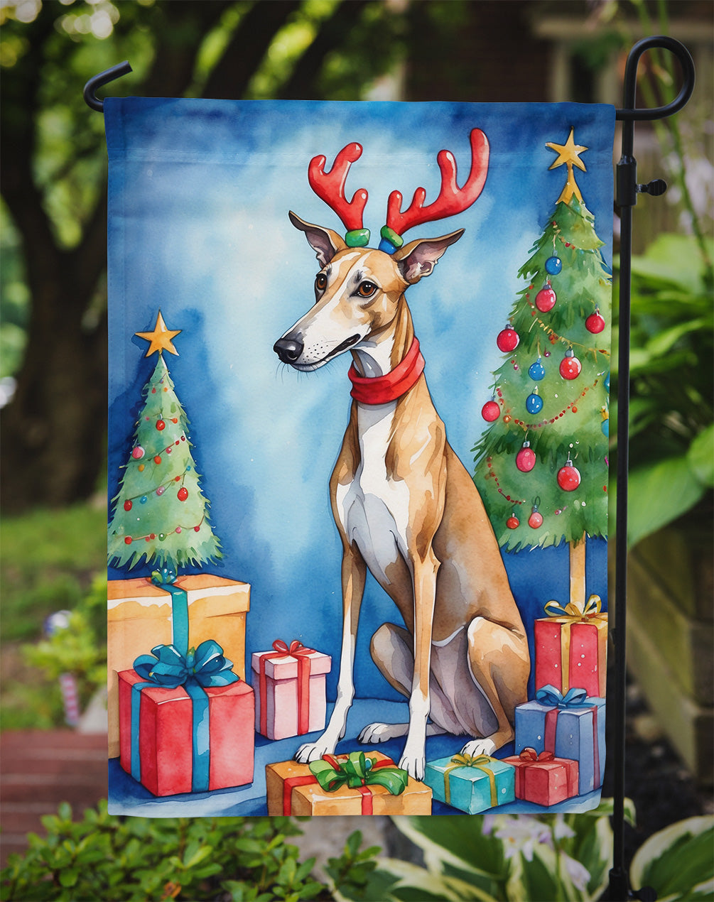 Greyhound Christmas Reindeer Garden Flag Mailbox Decorative Yard Banner Outside Patio Artwork for Flower Beds, Garden Size, Multicolor