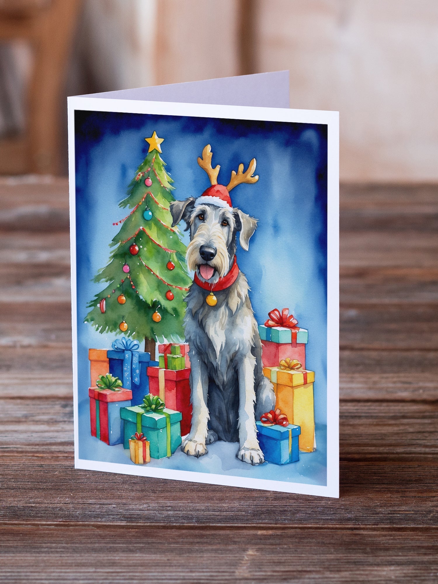 Irish Wolfhound Christmas Reindeer Greeting Cards Pack of 8 Blank Cards with Envelopes Whimsical A7 Size 5x7