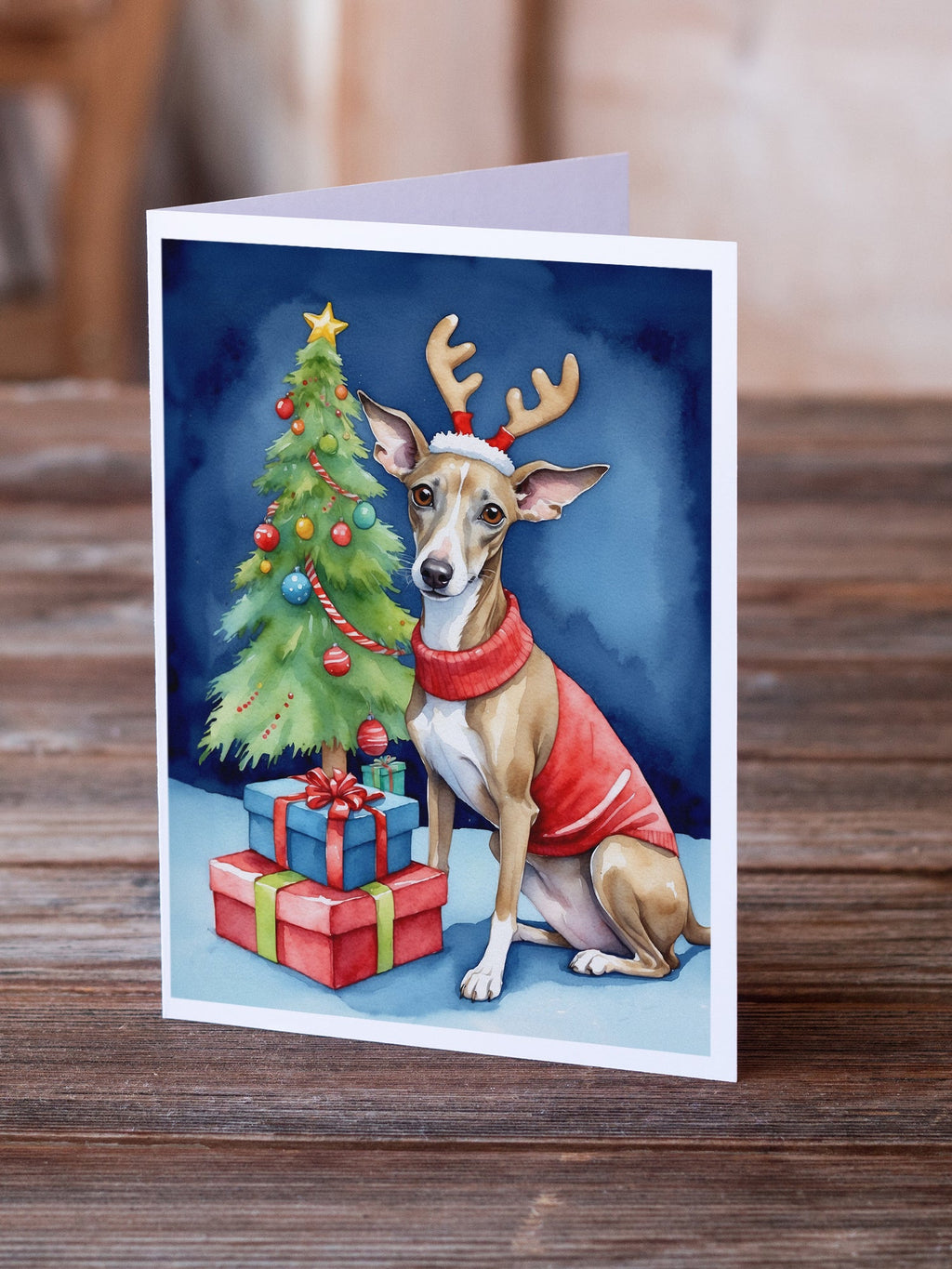 Italian Greyhound Christmas Reindeer Greeting Cards Pack of 8 Blank Cards with Envelopes Whimsical A7 Size 5x7
