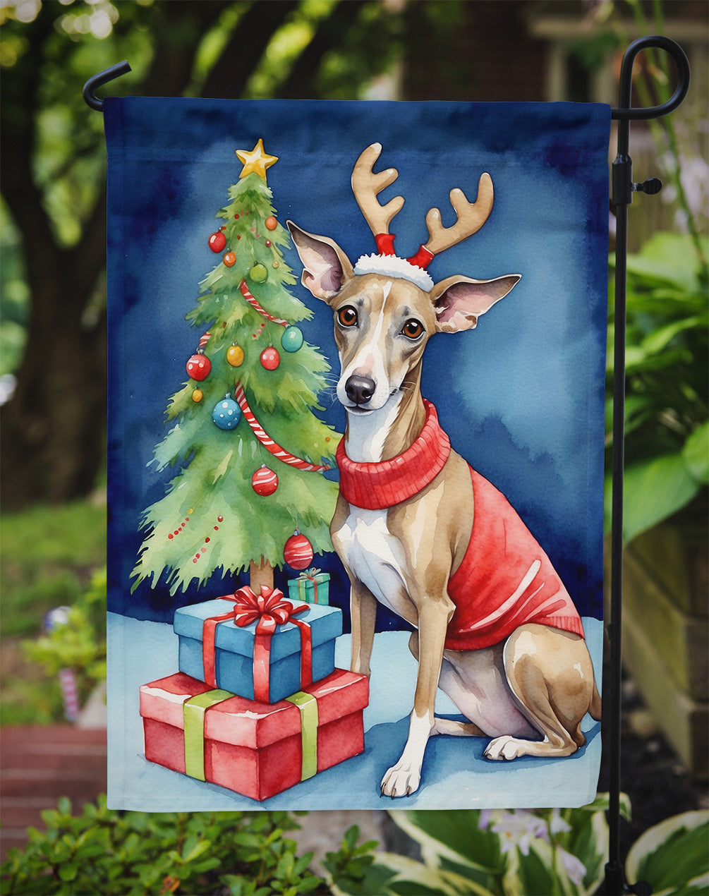 Italian Greyhound Christmas Reindeer Garden Flag Mailbox Decorative Yard Banner Outside Patio Artwork for Flower Beds, Garden Size, Multicolor