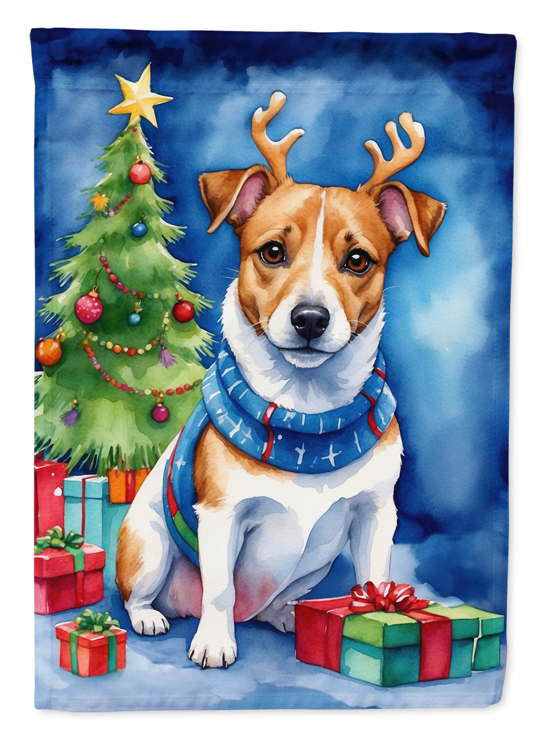 Jack Russell Terrier Christmas Reindeer House Flag 28x40 Porch Sleeve Pole Decorative Outside Yard Banner Artwork Wall Hanging, Polyester