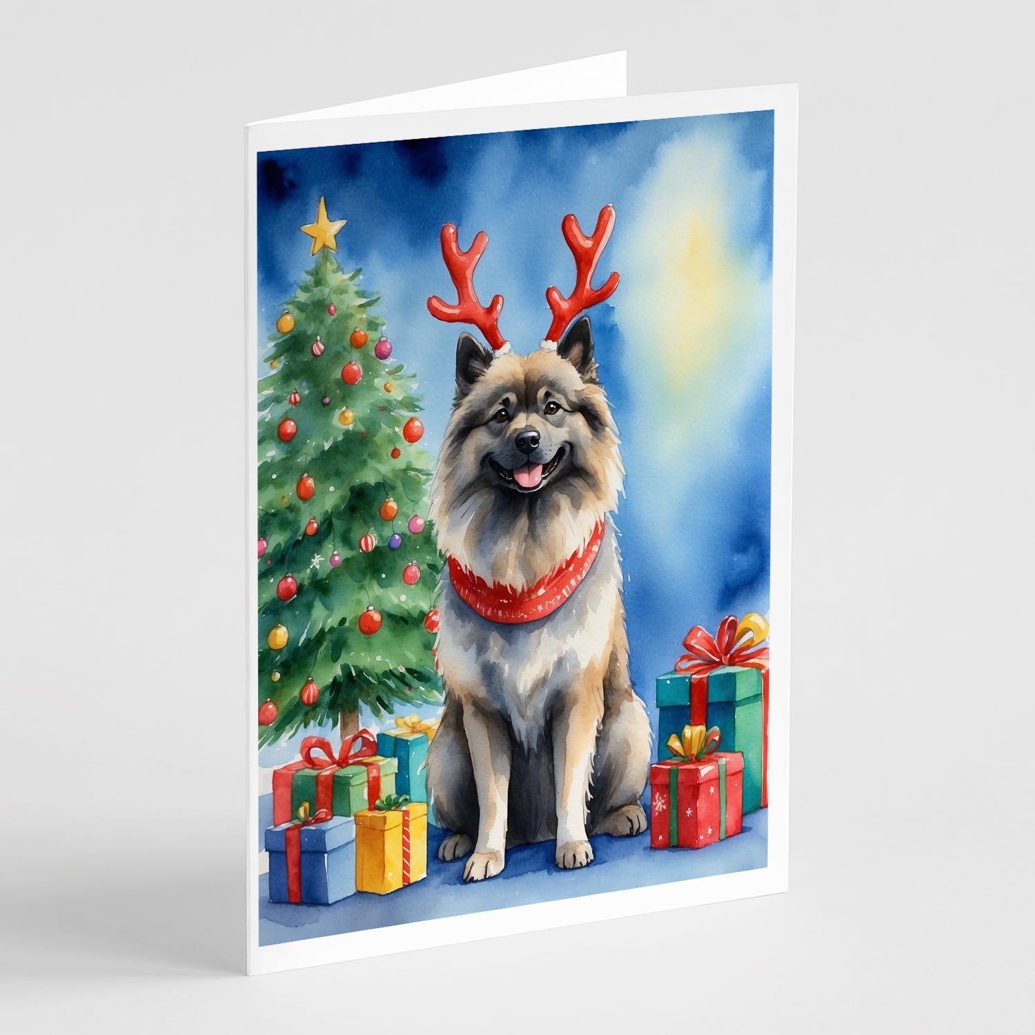 Keeshond Christmas Reindeer Greeting Cards Pack of 8 Blank Cards with Envelopes Whimsical A7 Size 5x7