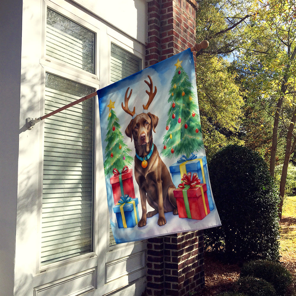 Chocolate Labrador Retriever Christmas Reindeer House Flag 28x40 Porch Sleeve Pole Decorative Outside Yard Banner Artwork Wall Hanging, Polyester