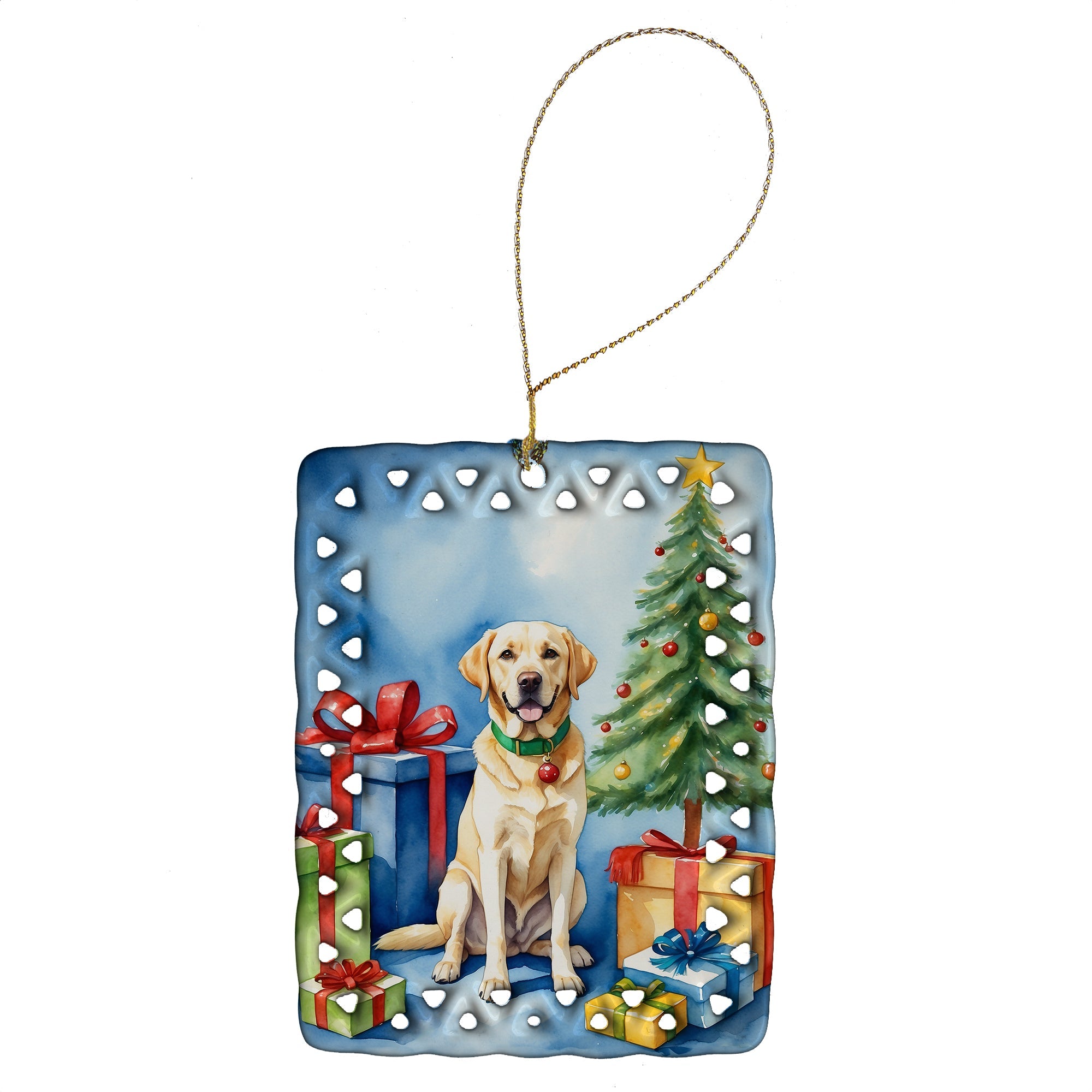 Yellow Labrador Retriever Christmas Reindeer Porcelain Ornament Christmas Tree Hanging Decorations for Home Christmas Holiday, Rectangle, Gift, Multicolor