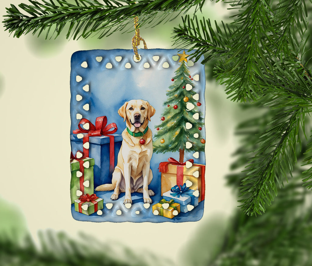 Yellow Labrador Retriever Christmas Reindeer Porcelain Ornament Christmas Tree Hanging Decorations for Home Christmas Holiday, Rectangle, Gift, Multicolor