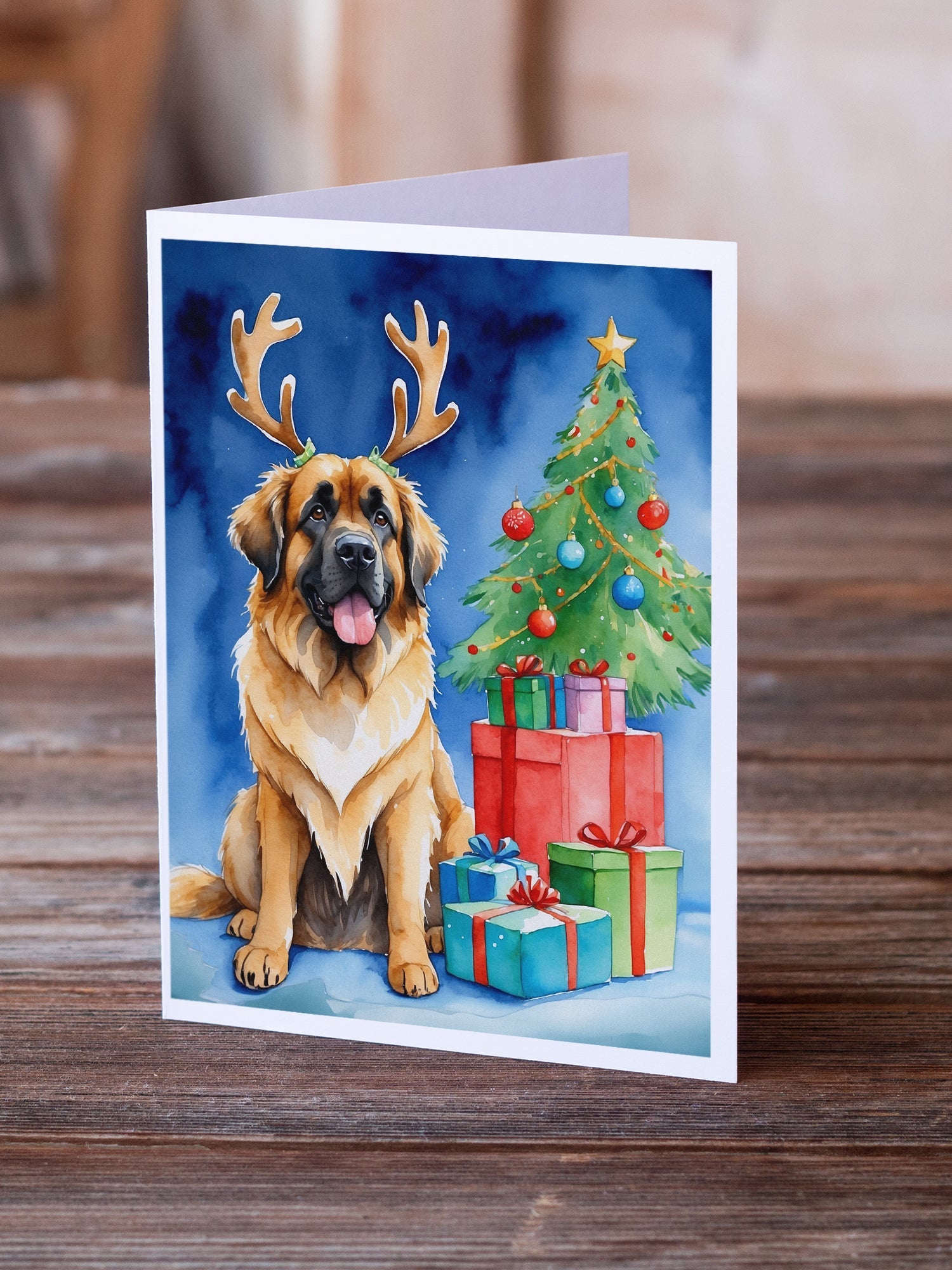 Leonberger Christmas Reindeer Greeting Cards Pack of 8 Blank Cards with Envelopes Whimsical A7 Size 5x7