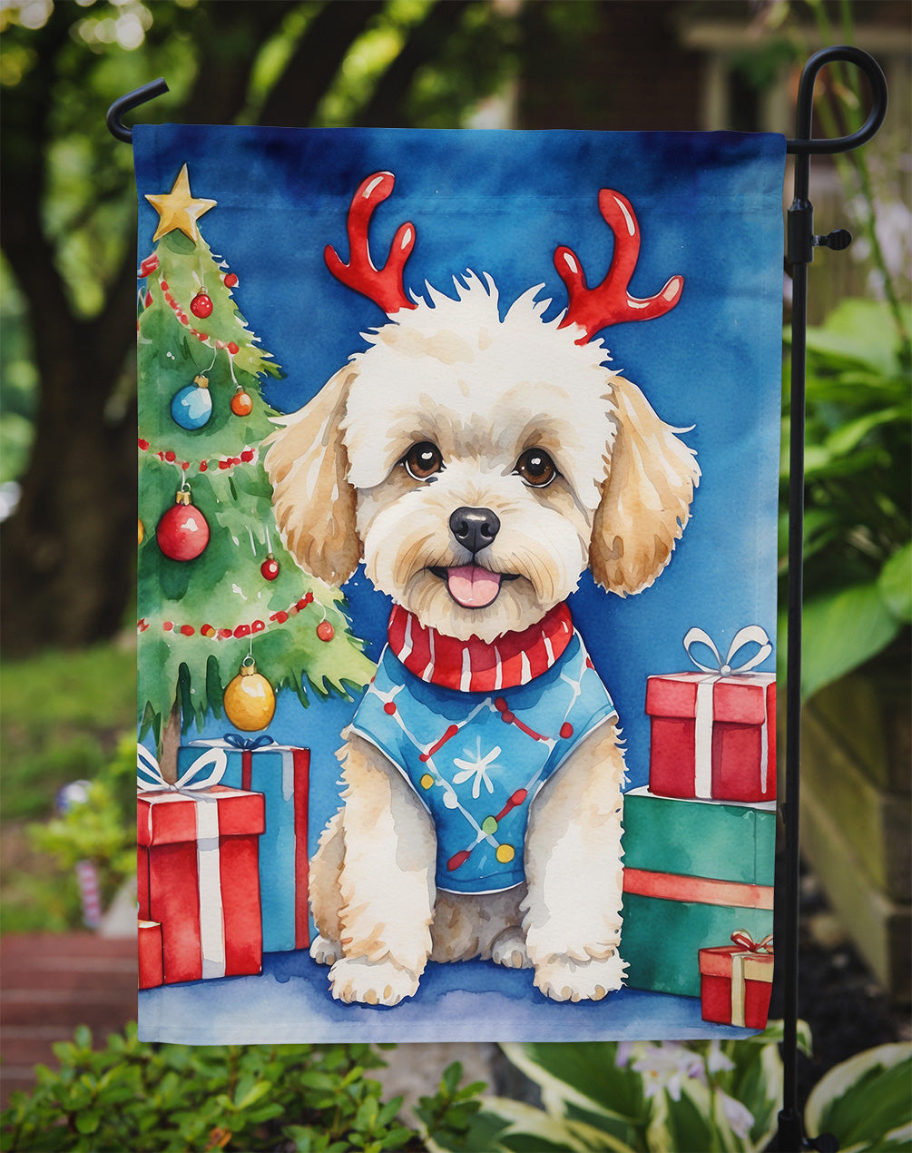 Maltipoo Christmas Reindeer Garden Flag Mailbox Decorative Yard Banner Outside Patio Artwork for Flower Beds, Garden Size, Multicolor
