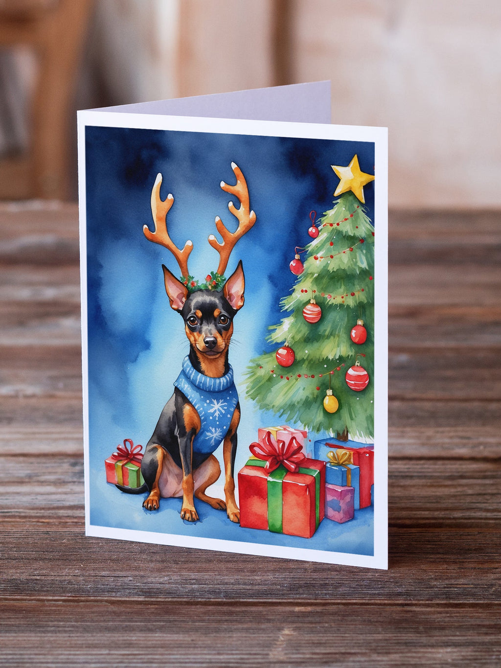 Miniature Pinscher Christmas Reindeer Greeting Cards Pack of 8 Blank Cards with Envelopes Whimsical A7 Size 5x7