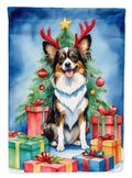 Papillon Christmas Reindeer House Flag 28x40 Porch Sleeve Pole Decorative Outside Yard Banner Artwork Wall Hanging, Polyester